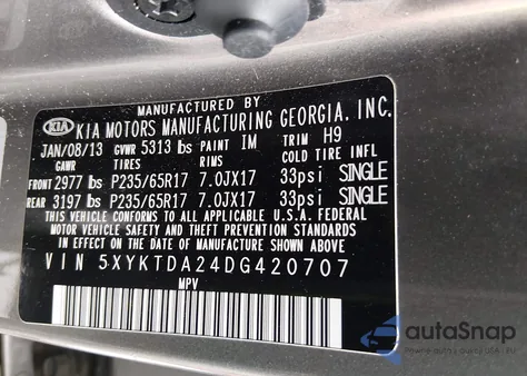 2013 Kia Sorento Lx V6 z USA, uszkodzony, nr VIN 5XYKTDA24DG420707